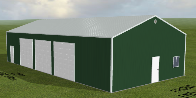 Green steel building, 30x60x12, with 3 garage doors and 1 entry door on grassy lot.