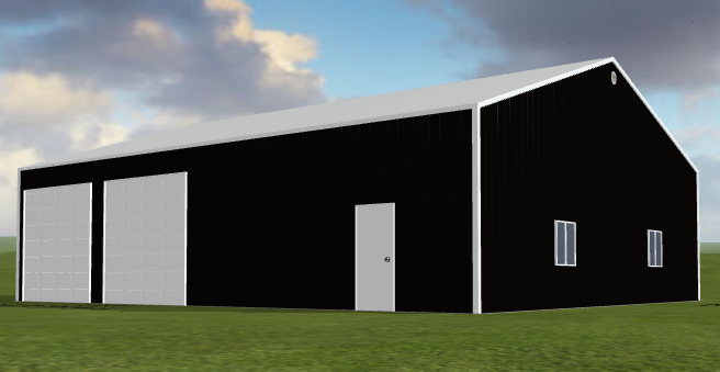Large black steel barn with garage doors and windows on grass.
