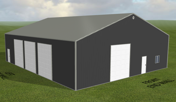 Large gray steel building with 4 garage doors: 3 on the side, 1 on the front.