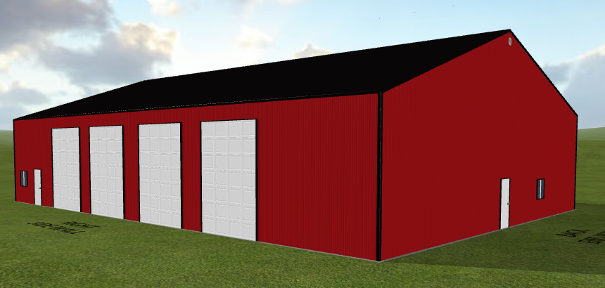 Red hybrid metal building, 60x84x16, with five white garage doors, black roof, on grass.
