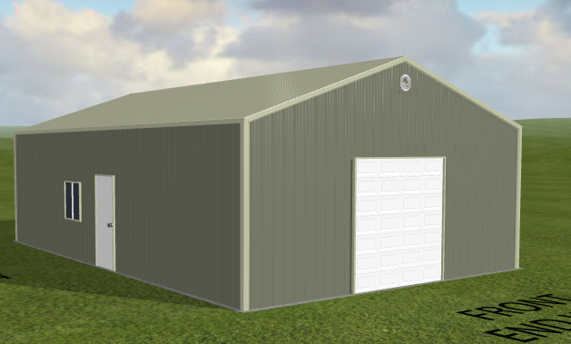 Green steel building (24x36x10) with white doors, on grass beneath a partly cloudy sky.
