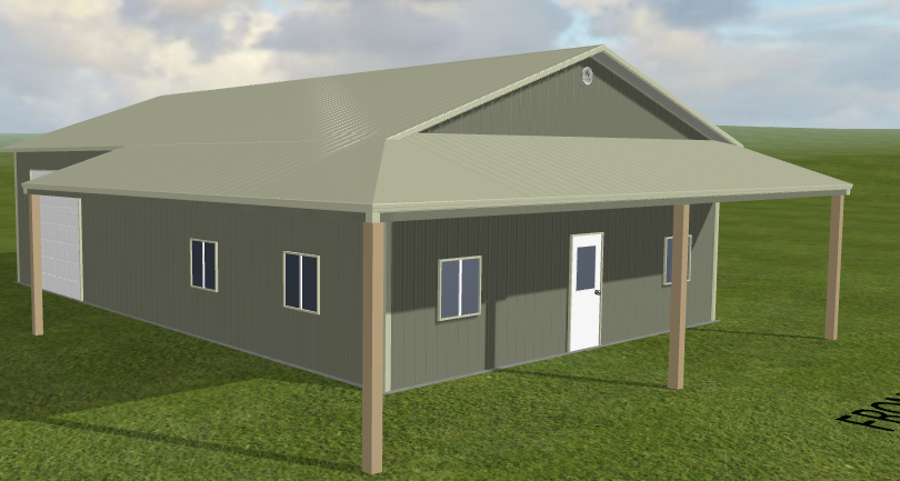 Green 30x48x12 steel building with sloped roof, white door, windows, and porch on grass.
