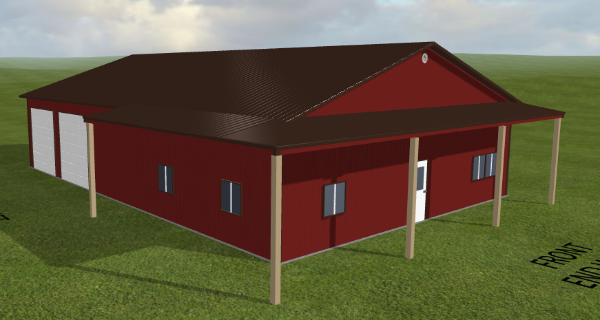 3D rendering of a red steel barn with brown roof and porch, set on a grassy field.